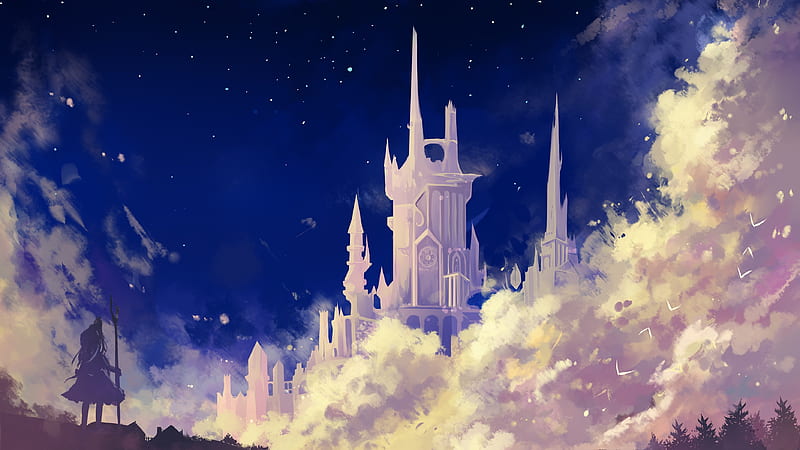 fantasy white castle, woman, clouds, stars, Fantasy, HD wallpaper