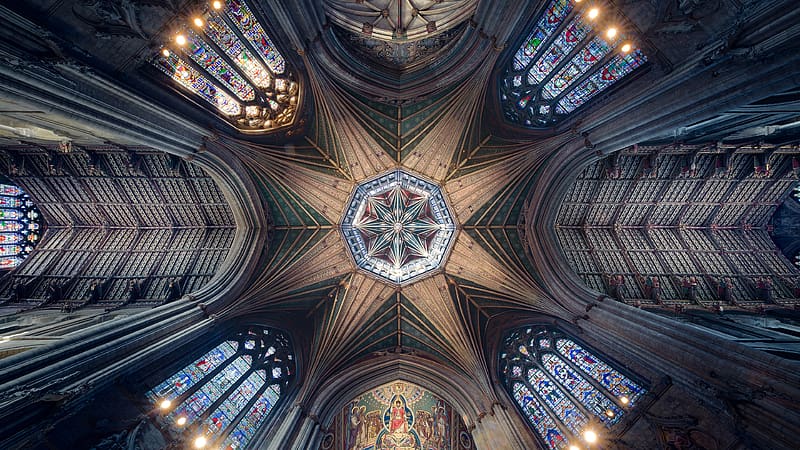 Architecture, Pattern, Cathedral, Dome, Ceiling, Stained Glass, United Kingdom, Religious, Ely Cathedral, Cathedrals, HD wallpaper