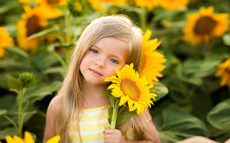 Little Girl with Sunflowers, cute, little, sunflowers, girl, child, HD wallpaper