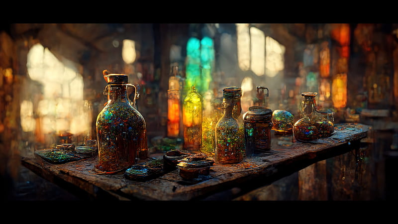 Potions, colorful, magic, art, fantasy, glass, alexander tsaruk, potion, bottle, HD wallpaper