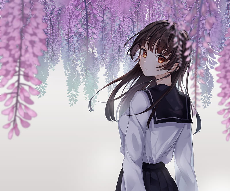anime school girl, brown hair, sakura blossom, back view, leaves, Anime, HD wallpaper