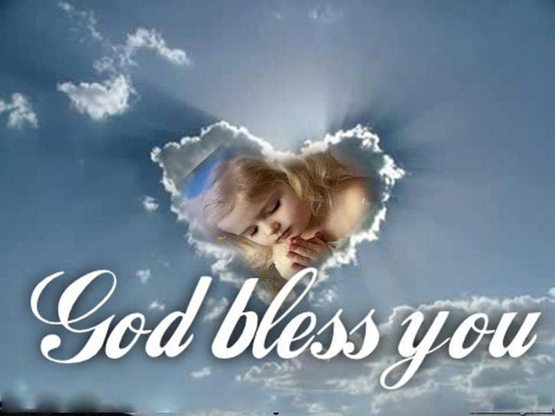 God Bless You, praying, pretty little girl, clouds, multiple hands, HD wallpaper