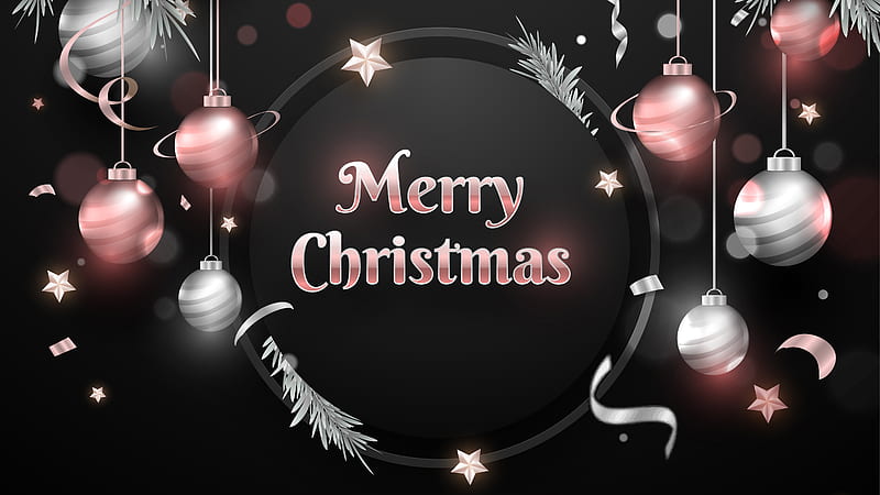 Merry Christmas Words With Decorated Bauble Ornaments And Stars Merry Christmas, HD wallpaper