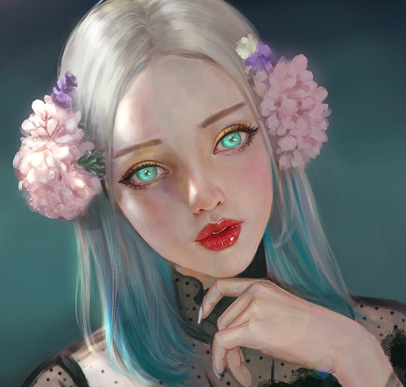 Free Download Beauty Art Red Frumusete Luminos Green Eyes Lips Thao Anh Flower Asian