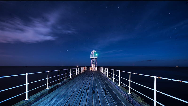 beacon at end of a pier at night, beacon, stars, pier, sea, night, HD wallpaper