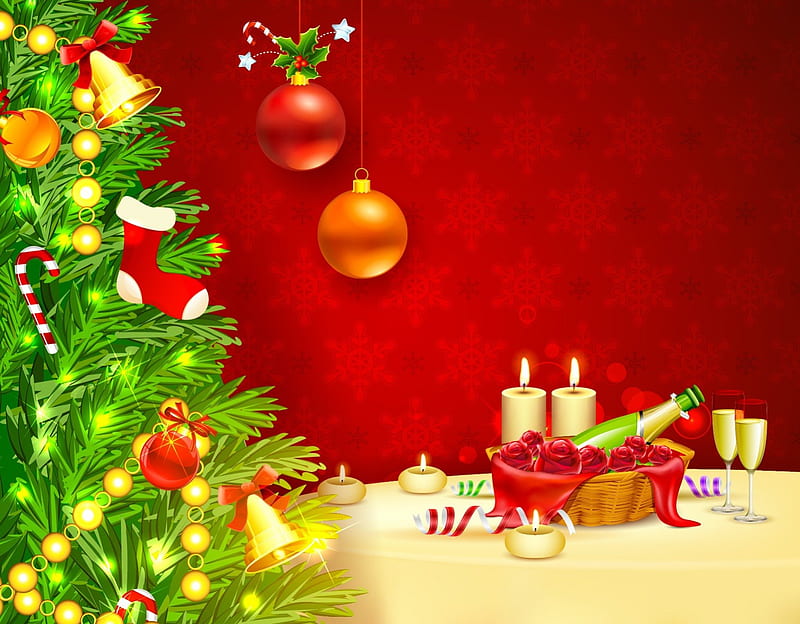 Christmas Eve, pretty, christmas balls, magic, bell, xmas, splendor, magic christmas, beauty, christmas bell, candle, lovely, holiday, christmas, new year, glass, merry christmas, balls, champagne, bells, colorful, christmas tree, holidays, glasses, bonito, ball, christmas light, christmas bells, christmas candles, happy holidays, wine, christmas candle, colors, christmas ball, happy new year, candles, HD wallpaper