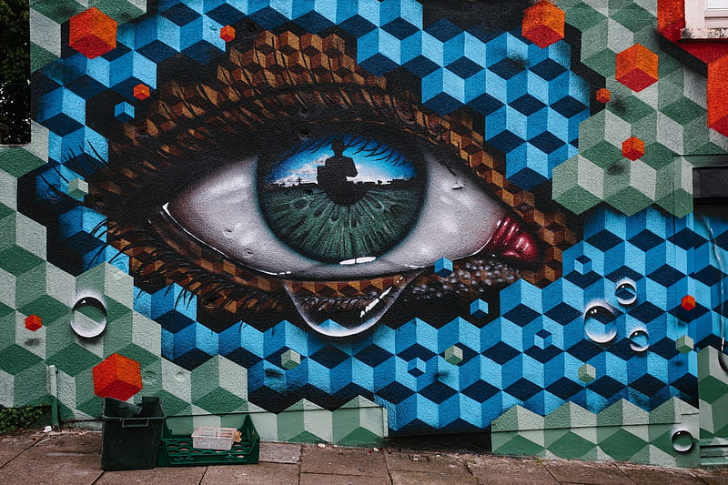 Graffiti, art, eye, tears, wall, abstract, blue, cry, HD wallpaper