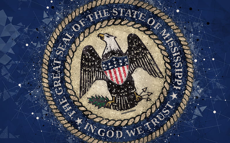 Seal of Mississippi emblem, geometric art, Mississippi State Seal, American states, blue background, creative art, Mississippi, USA, state symbols USA, HD wallpaper