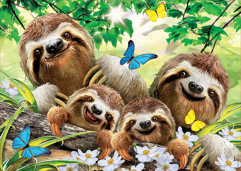 Selfie of Sloths, flowers, family, butterflies, funny, painting, HD wallpaper