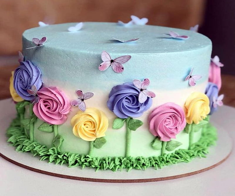 Butterflies Cake, Buttterflies, Flowers, Cake, Sky, Grass, HD wallpaper