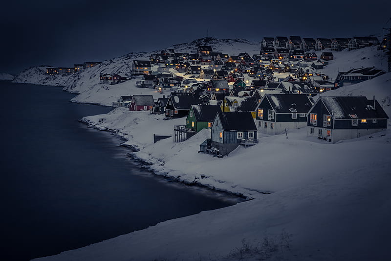 Myggedalen, Capitol Region, Greenland, snow, houses, ice, village, sea, night, HD wallpaper