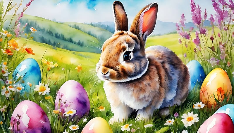 *Easter*, Eggs, Easter, Bunny, Meadow, Spring, HD wallpaper