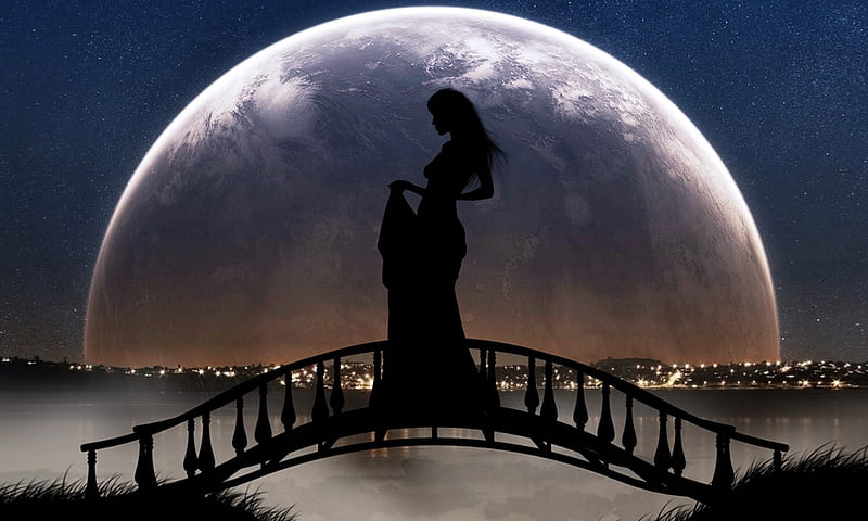 Silhouette against the Moon, water, Bridge, Moon, city lights, Silhouette, woman, HD wallpaper