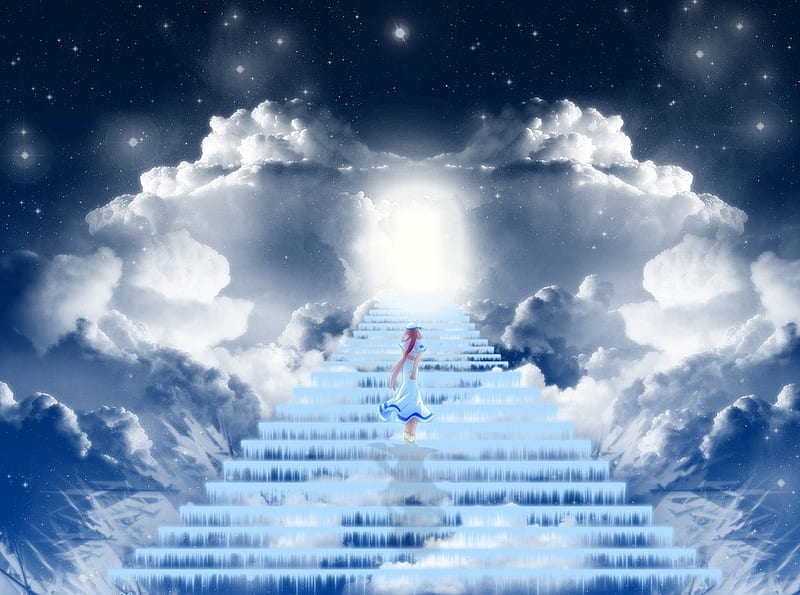Aria Stairway To Heaven, stars, girl, aria, anime, heaven, stairway, clouds, HD wallpaper