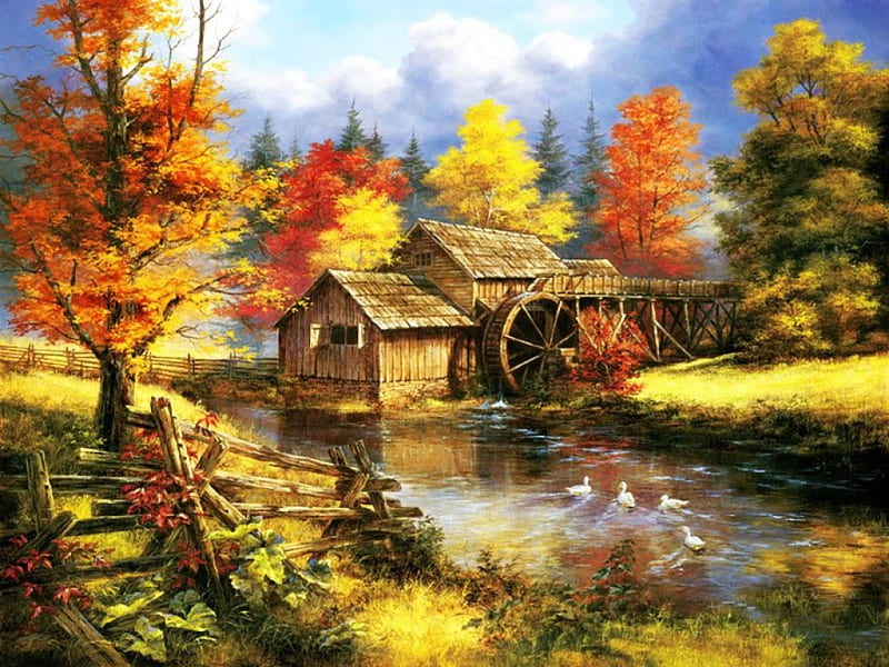 Watermill, autumn, colors, nature, river, trees, artwork, HD wallpaper ...