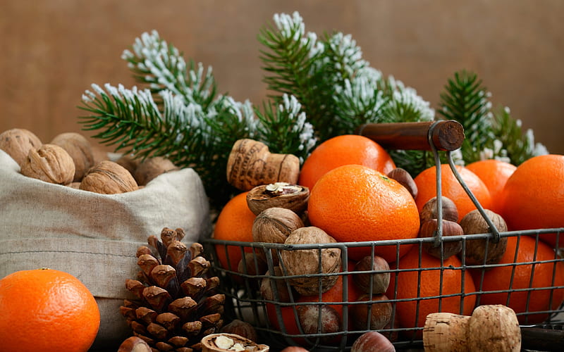 mandarins, New Year, cones, New Year decoration, fruit, citrus, HD wallpaper