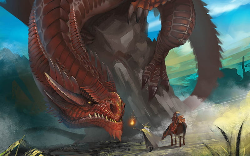 Confronting the dragon, red, art, game, man, dragon, wizard, fantasy, digital, blue, HD wallpaper