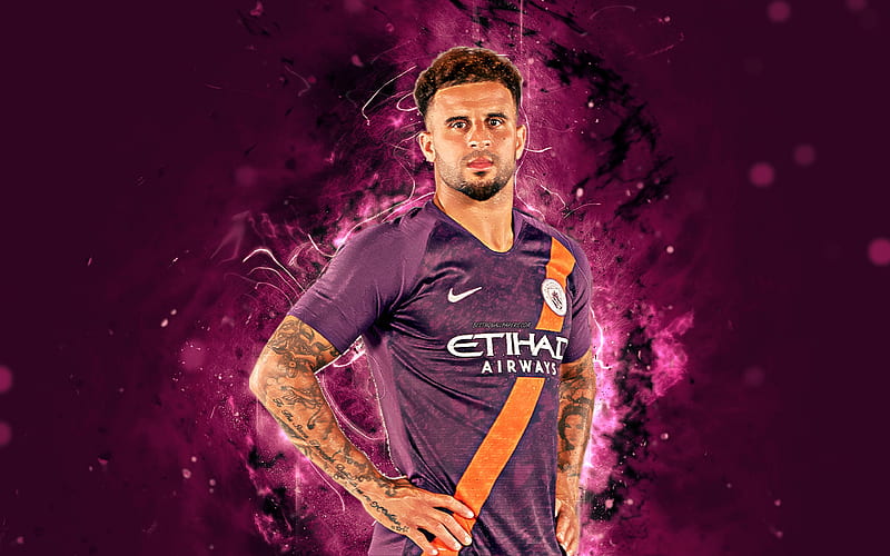 Kyle Walker, violet uniform, English footballer, Manchester City FC, soccer, Walker, Premier League, Man City, neon lights, HD wallpaper