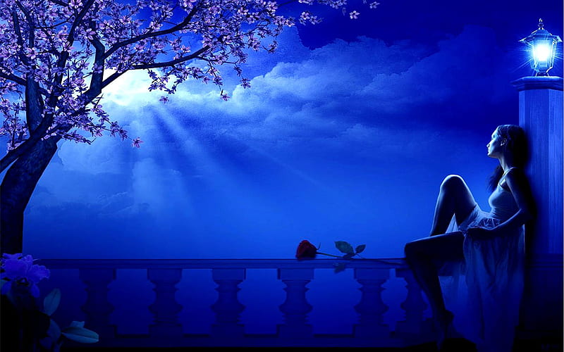 Dreamer girl, Spring, Blue, Moon, Night, Tree, HD wallpaper
