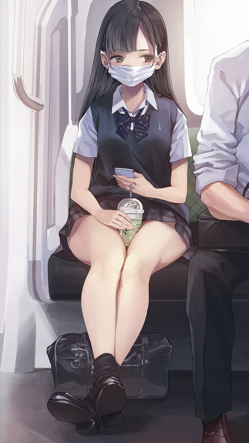 anime girls, school uniform, original characters, mask, legs, koh, HD phone wallpaper