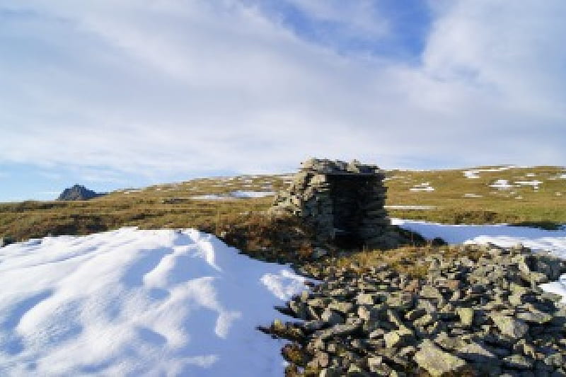 Built of Stone, mountain, stone, snow, grass, shelter, clouds, sky, meadows, HD wallpaper