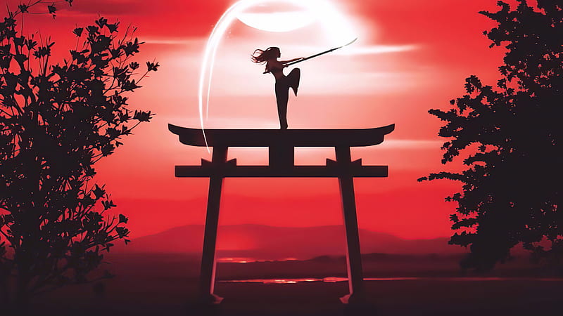 Anime, Girl, Martial Arts, Red, Torii, HD wallpaper