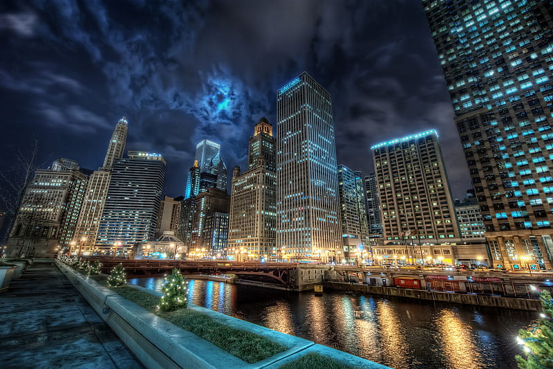 Chicago Cityscape (R), dynamic, bold, blue, night, HD wallpaper