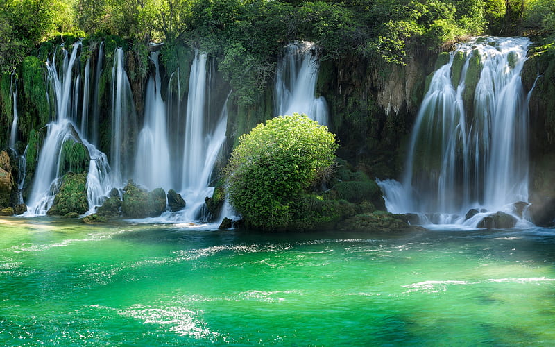Kravice Falls, summer, forest, waterfalls, Trebizhat river, Bosnia and Herzegovina, Europe, HD wallpaper