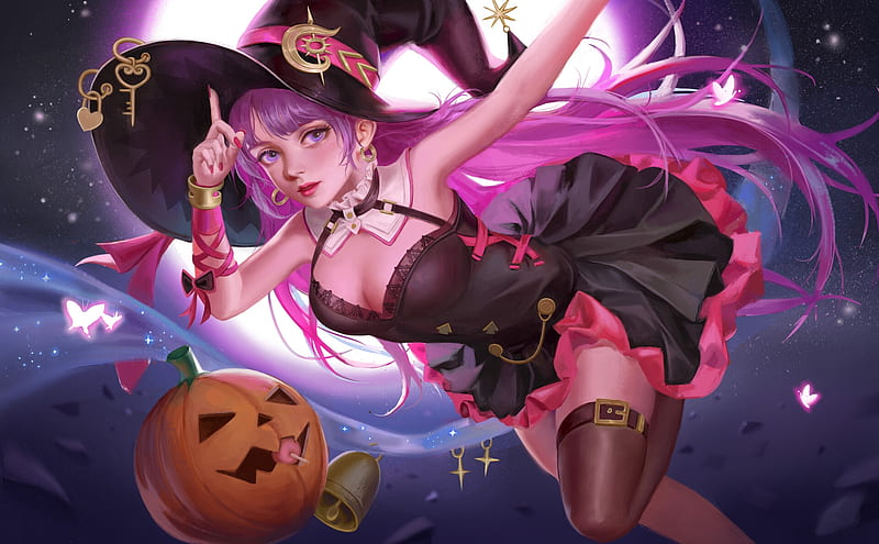 Halloween witch, hat, witch, frumusete, luminos, moon, huiqiu, halloween, black, moon, fantasy, girl, hui qiu, pumpkin, pink, HD wallpaper