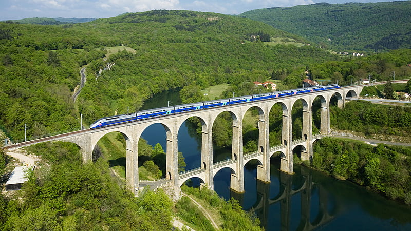 The Blue Train, mountain, train, green, bridge, trees, blue, HD wallpaper