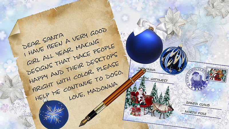 My Letter to Santa, fountain pen, christmas, madonna, firefox persona, santa claus, whimsical, balls, snow, decorations, envelope, blue, letter, HD wallpaper