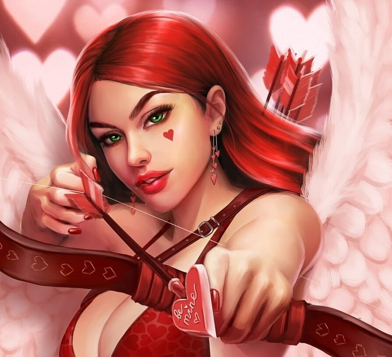 Be mine, cupid, lena pilieva, valentine, pink, archer, luminos, redhead, angel, fantasy, girl, HD wallpaper