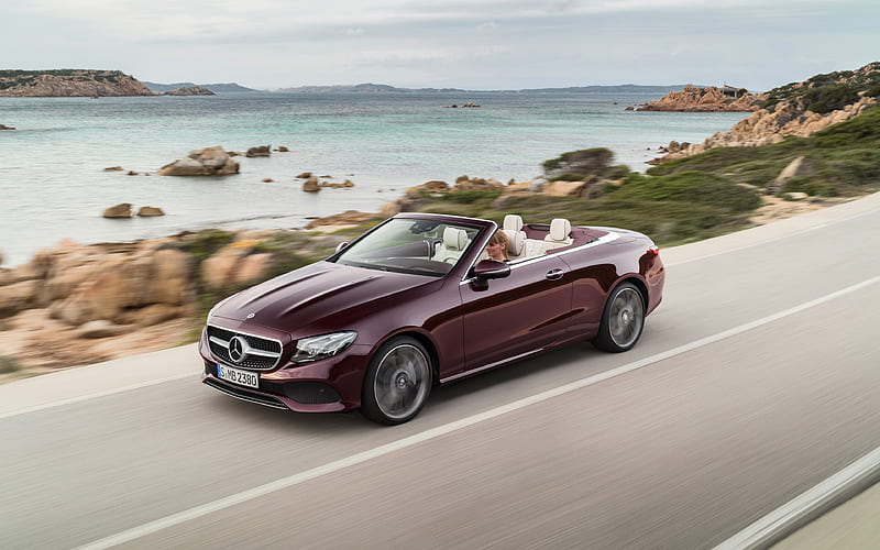 Mercedes-Benz E-Class, 2018, burgundy cabriolet, New cars, luxury cabriolet, top view, Mercedes, HD wallpaper