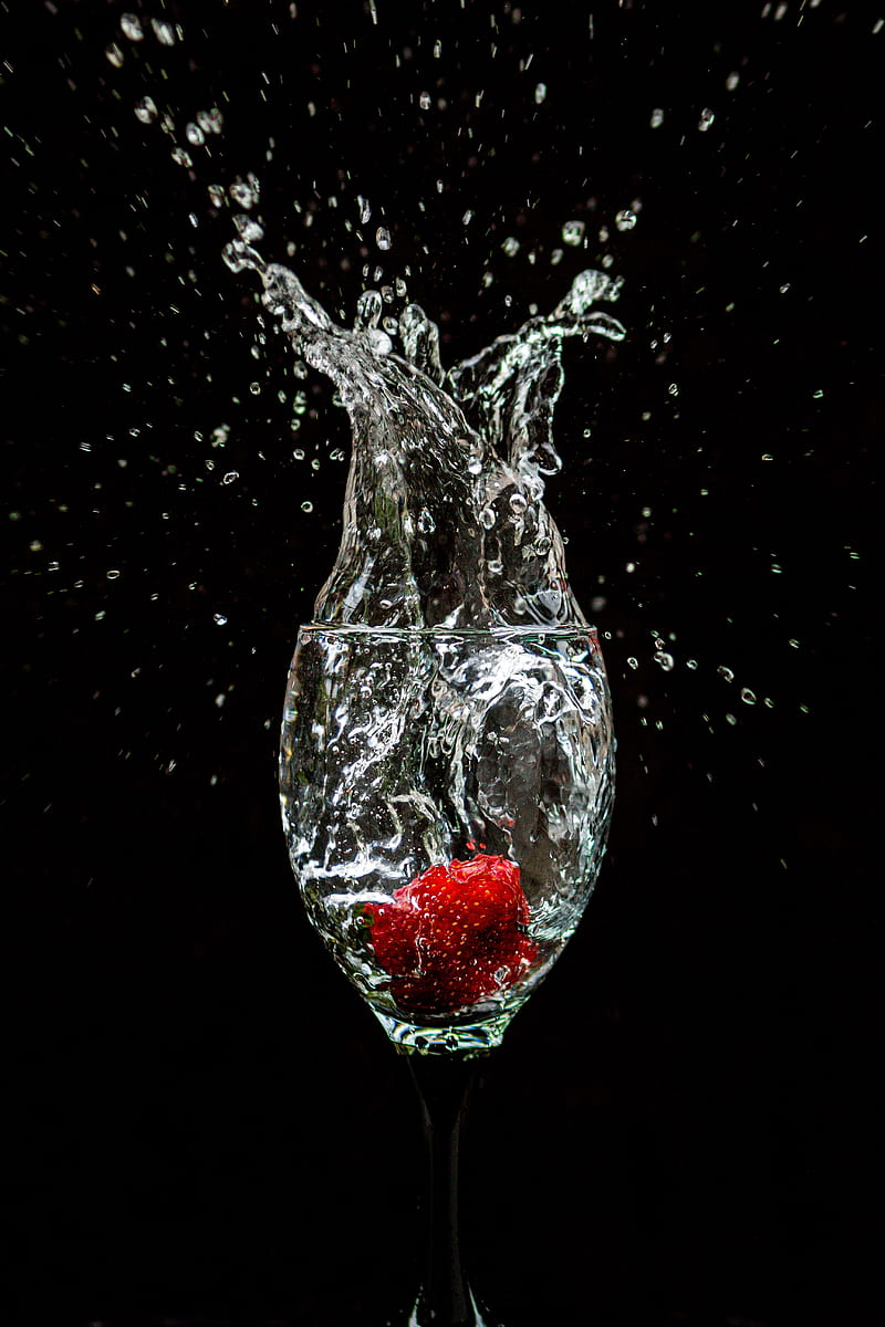 splash, strawberry, glass, black, HD phone wallpaper