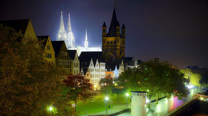 lit up cathedral in cologne germany, cathedral, city, night, lights, HD wallpaper