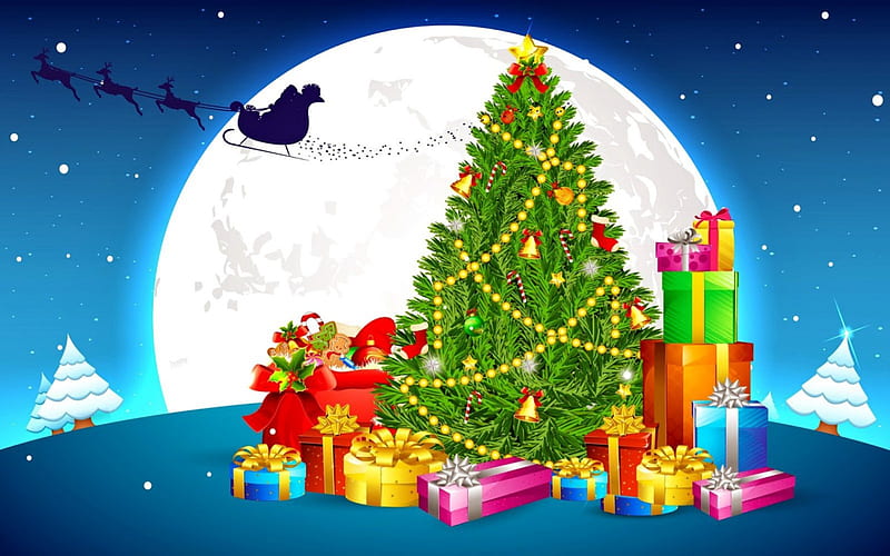 Christmas tree, sleigh, pretty, bonito, magic, nice, moon, merry, colotful, frost, stars, lovely, holiday, christmas, decoration, new year, sky, winter, happy, tree, santa, snow, gifts, HD wallpaper