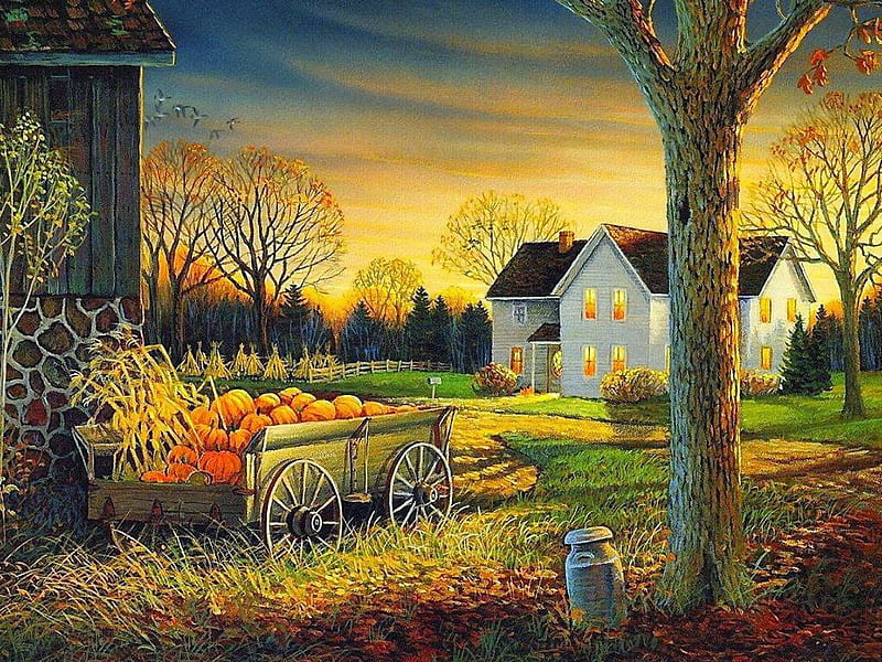 Thanksgiving Day, sunset, house, pumpkins, artwork, painting, trees, HD wallpaper