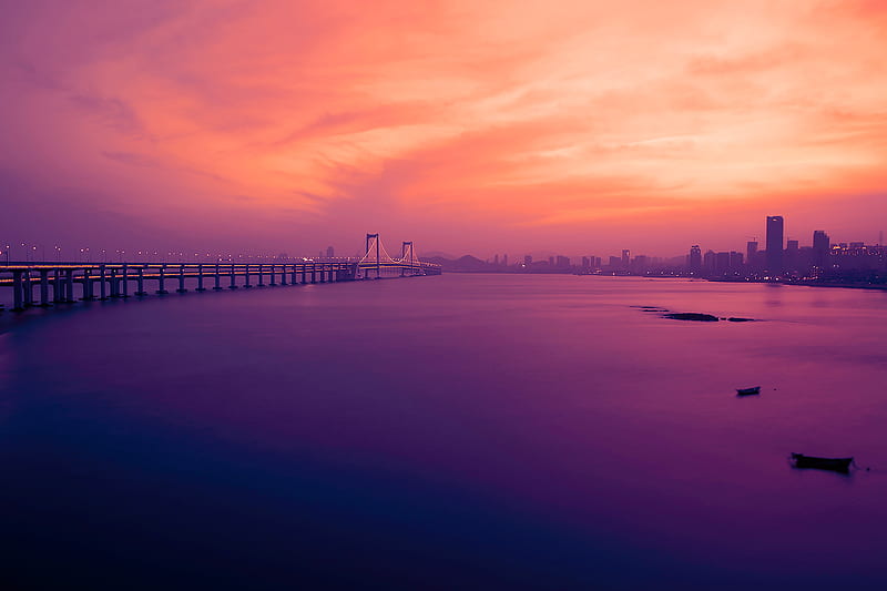 Xinghai Bridge, bridge, city, world, pink, river, lake, evening, buildings, sunset, sea, dusk, dawn, HD wallpaper
