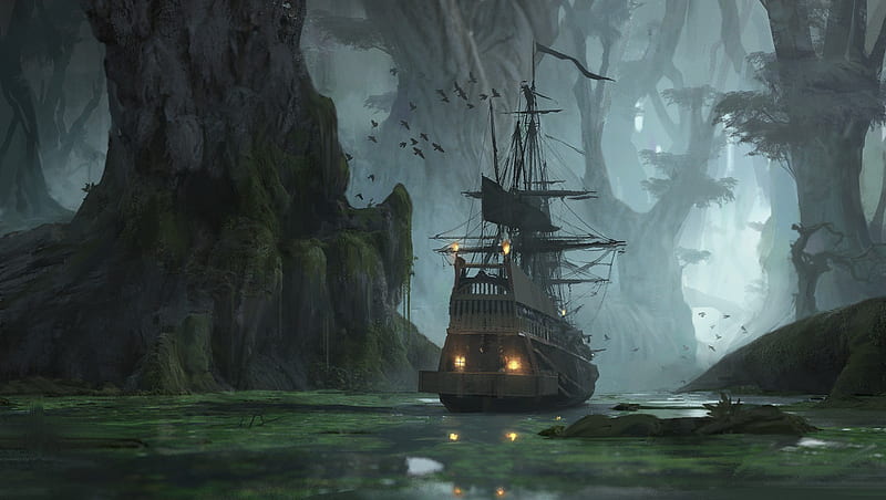 Fantasy, Ship, Swamp, HD wallpaper