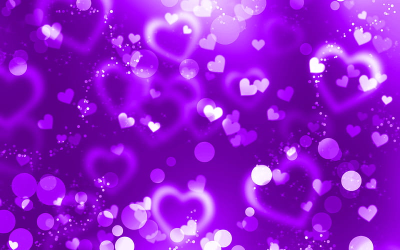 violet glare hearts violet glitter background, creative, love concepts, abstract hearts, violet hearts, HD wallpaper