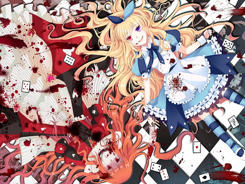 Anime, alice in wonderland, alice, cards, queen of hearts-, HD wallpaper