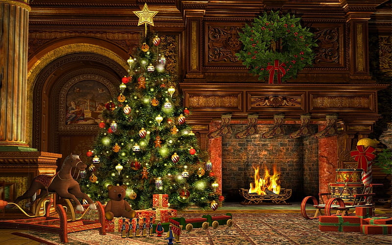 Victorian Christmas, fireplace, Wreath, Christmas tree, holidays, Toys, warmth, victorian, christmas, HD wallpaper