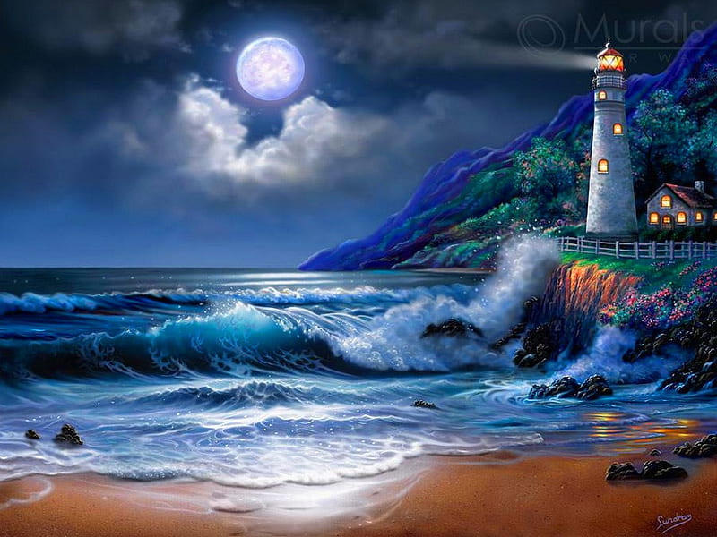 Full moon, full, waves, lighthouse, beach, moon, water, evening, light, night, HD wallpaper