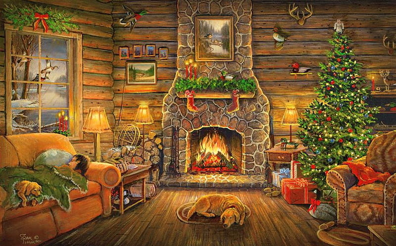 Holiday rest, pretty, house, sleep, home, bonito, magic, stocks, lights, fireplace, nice, dog, puppy, rest, cozy, lovely, window, beauitful, holiday, christmas, decoration, new year, winter, fire, tree, santa, snow, HD wallpaper