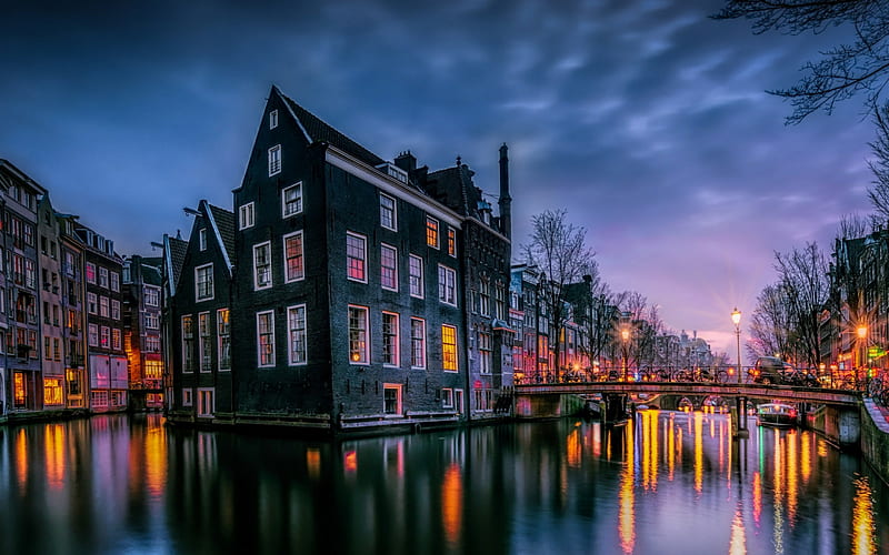 Amsterdam, evening, sunset, old houses, canals, the Netherlands, cityscape, HD wallpaper