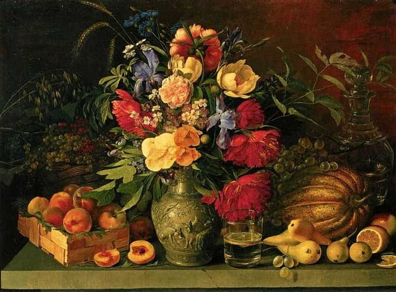 Still Life, fruits, vase, artwork, bouquet, peaches, painting, blossoms, flowers, melon, HD wallpaper