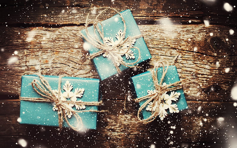 Christmas gifts, blue boxes, silk bows, New Year, Christmas, wooden background, lights, HD wallpaper