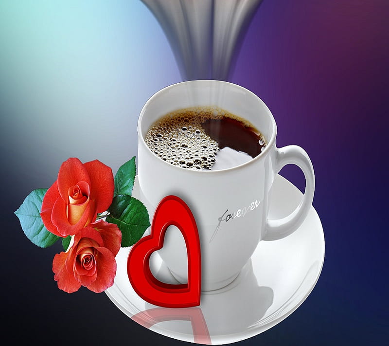 Love Forever, coffee, cup, good morning heart, love, rose, tea, HD wallpaper