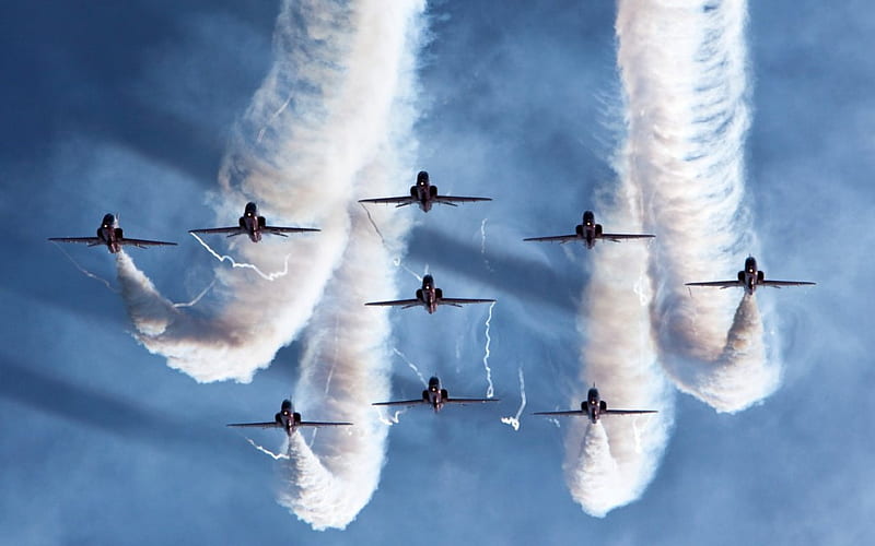flying formation, blue sky, planes, clouds, smoke, HD wallpaper