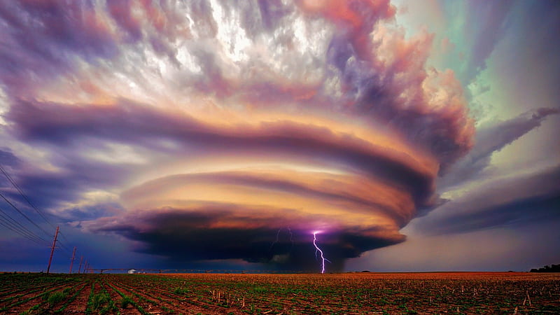 lightning from amazing cloud over nebraska fields, red clay, lightning, fields, clouds, storm, HD wallpaper